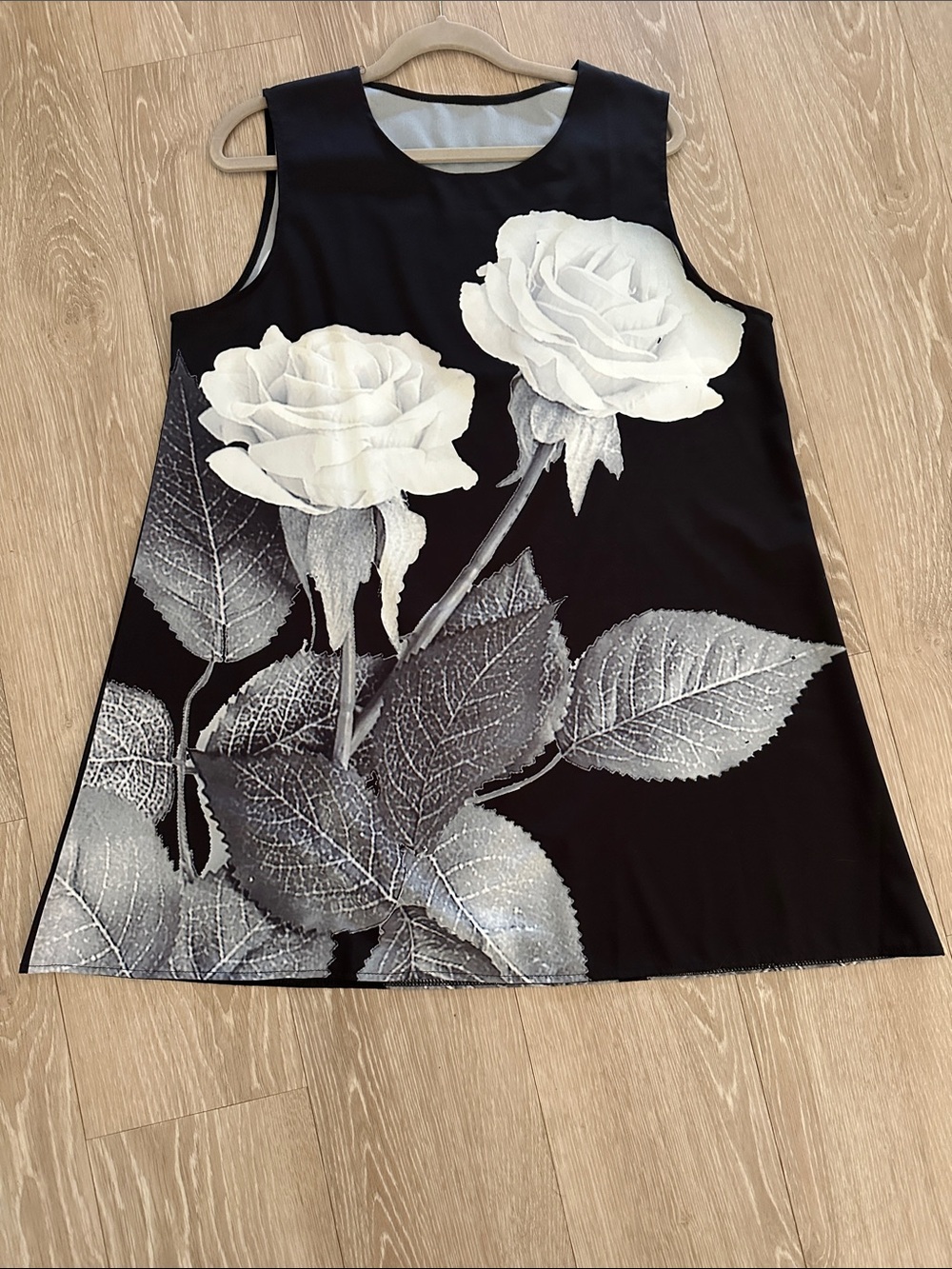 Girls Black Dress with White Rose Print